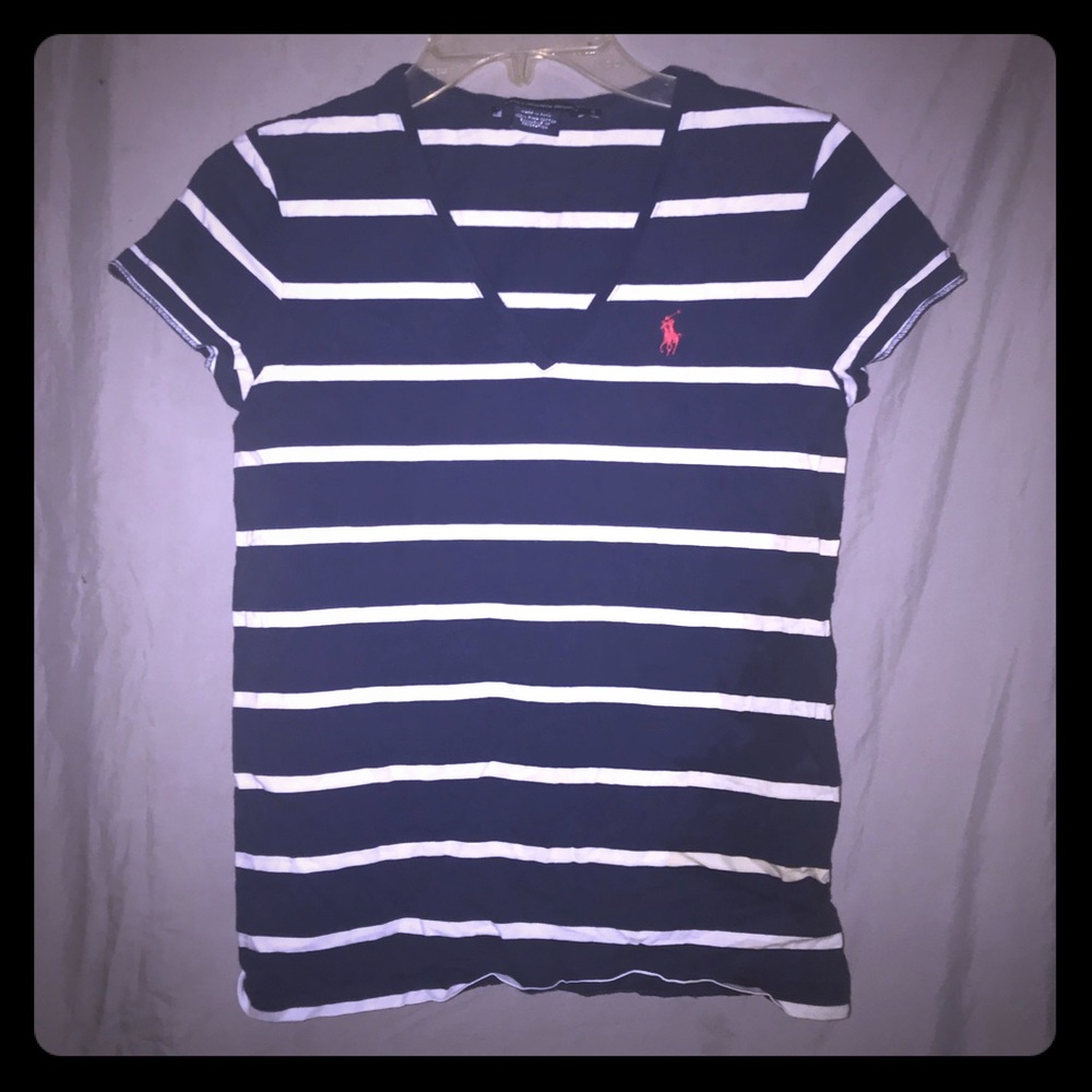 Ralph Lauren Sport Navy Striped V-Neck Top